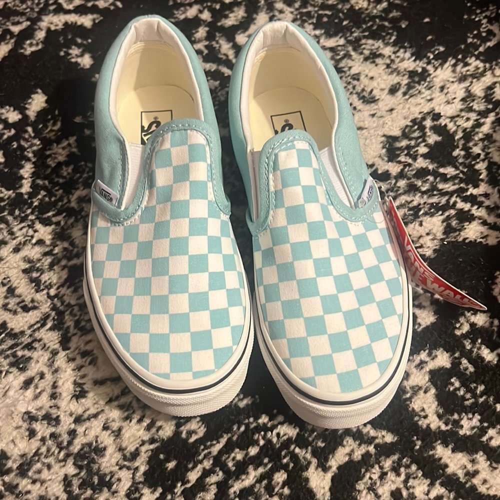 Classic slip on vans aqua blue and white checkered size 3